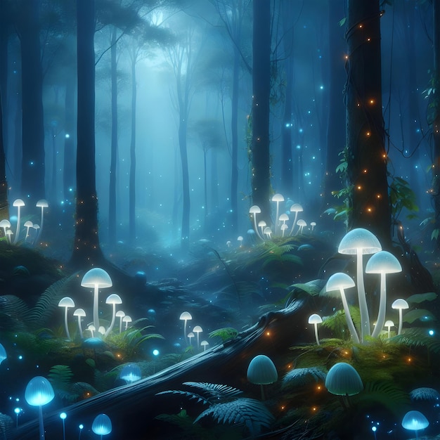Una scena eterea della foresta con funghi luminescenti e fogliame blu nebbioso