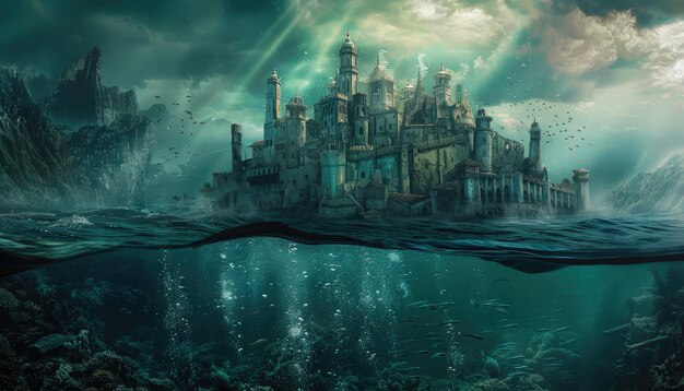 Una scena fantastica sottomarina con un castello e uno squalo da un'immagine generata da AI
