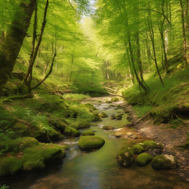 Una scena forestale con un ruscello e alberi con foglie verdi