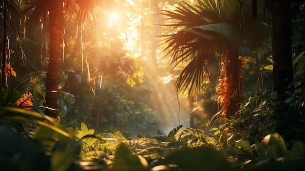 Una scena forestale con una foresta tropicale e piante in vista mattutina con raggi solari AI generativa