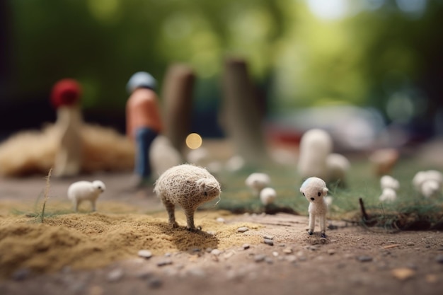 Una scena in miniatura di pecore e un uomo con una camicia blu.