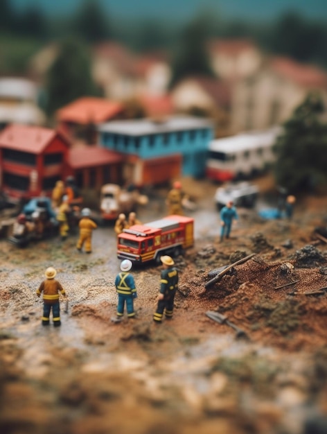 Una scena in miniatura di un camion dei vigili del fuoco e di persone con una piccola città sullo sfondo.