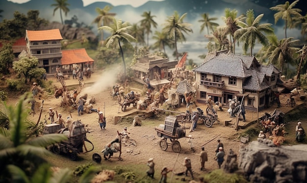 Una scena in miniatura di un villaggio con davanti un uomo e un carro.
