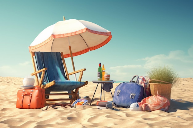Una scena in spiaggia con una sedia da spiaggia e una borsa sulla sabbia generativa ai
