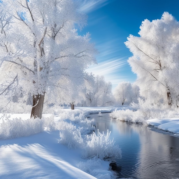 una scena innevata con alberi e un fiume con neve sul terreno.