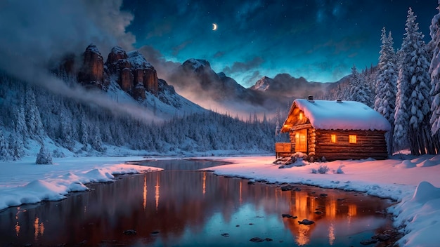 Una scena innevata con una capanna in primo piano e la luna sullo sfondo.