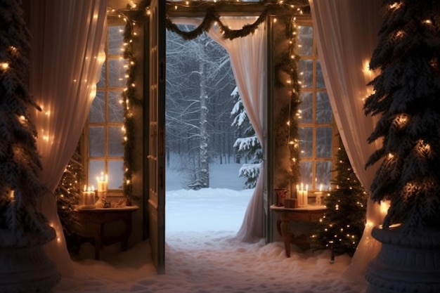 Una scena innevata con una porta aperta e un albero di natale sullo sfondo.