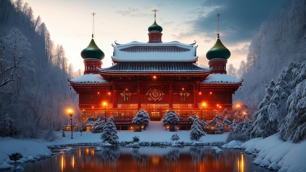 Una scena innevata di un tempio nella neve