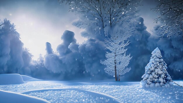 Una scena invernale che mostra alti alberi a foglia coperta di neve in un'immagine monocromatica