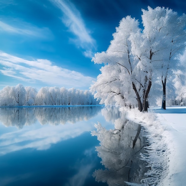 una scena invernale con alberi coperti di neve e un lago sullo sfondo