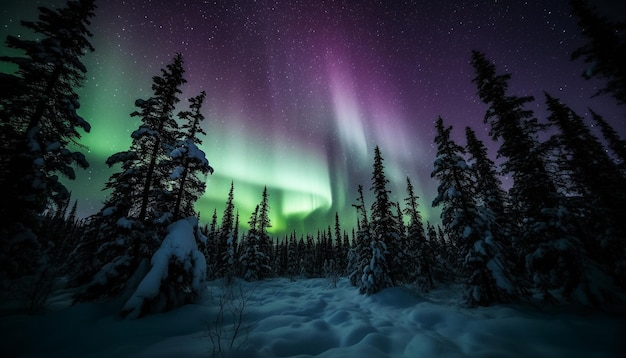 Una scena invernale con l'aurora boreale nel cielo