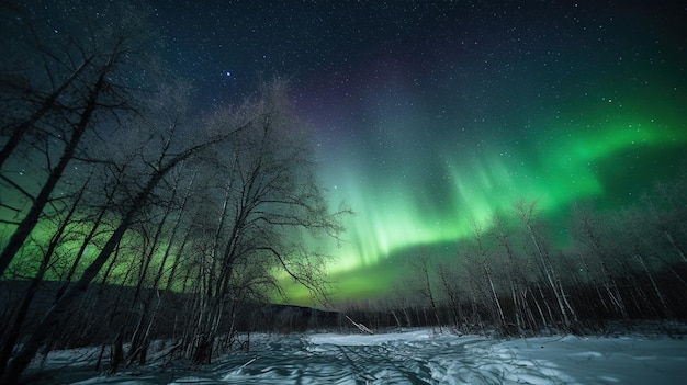 Una scena invernale con l'aurora boreale nel cielo