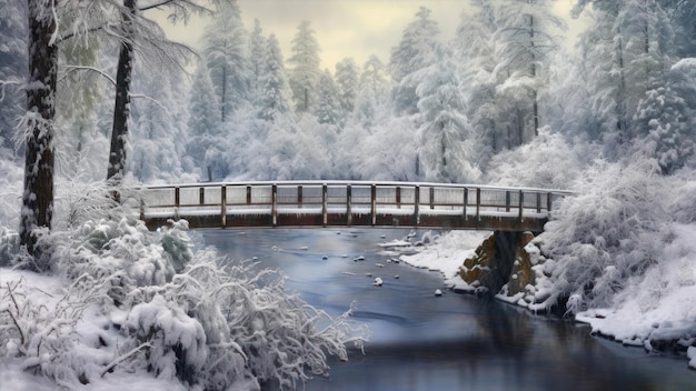 Una scena invernale con un ponte su un fiume e alberi innevati.