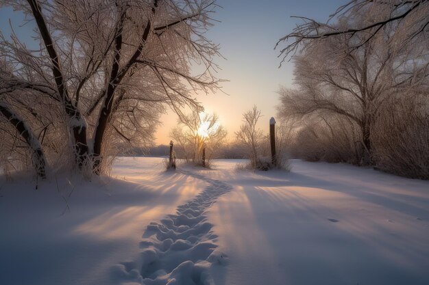 Una scena invernale con un sentiero innevato e un tramonto