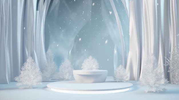 Una scena invernale con un tavolo bianco e la neve per terra.