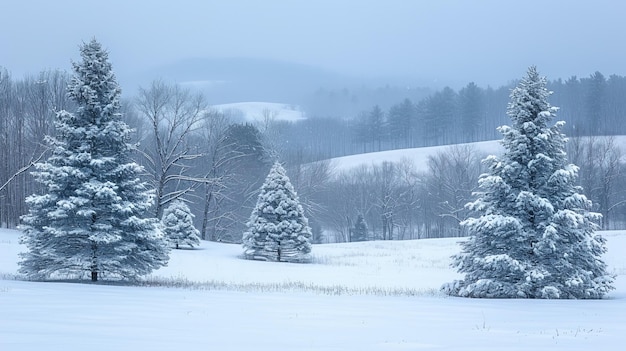 Una scena invernale di pini coperti di neve e colline ondulate