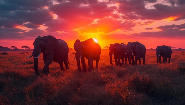 una scena maestosa di un gregge di elefanti che cammina attraverso la savana africana al tramonto