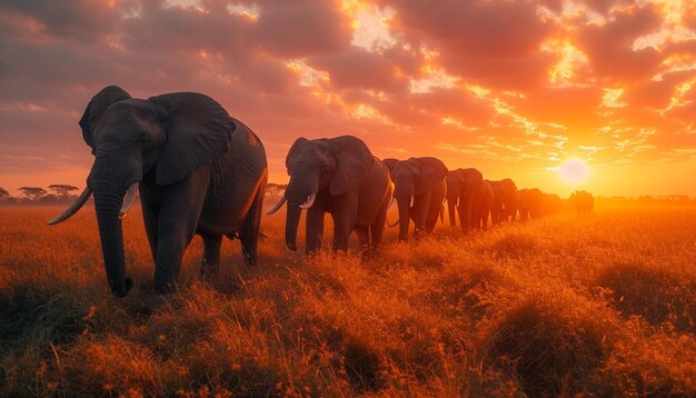 una scena maestosa di un gregge di elefanti che cammina attraverso la savana africana al tramonto