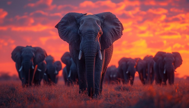 una scena maestosa di un gregge di elefanti che cammina attraverso la savana africana al tramonto