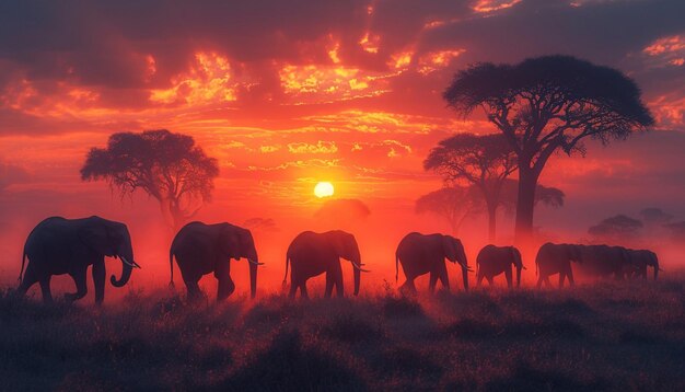 una scena maestosa di un gregge di elefanti che cammina attraverso la savana africana al tramonto