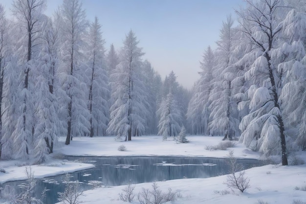 Una scena magica di alberi innevati e un lago ghiacciato che abbraccia il fascino dell'inverno