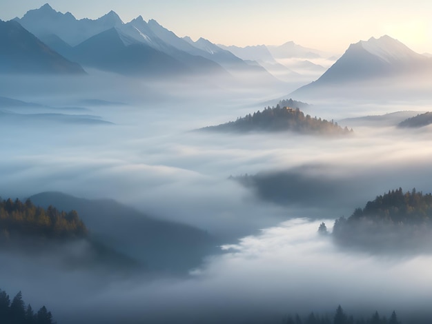 Una scena mattutina nebbiosa con nebbia che si estende su un lago sereno e montagne sullo sfondo