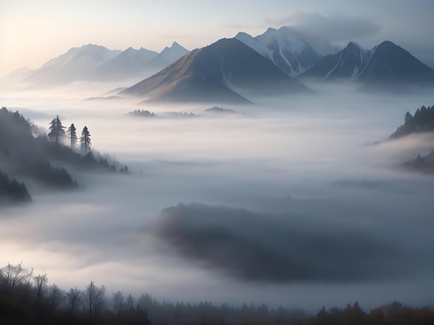 Una scena mattutina nebbiosa con nebbia che si estende su un lago sereno e montagne sullo sfondo