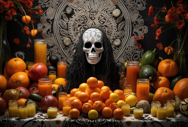 una scena messicana di merida con tupperware e frutta nello stile di halloween