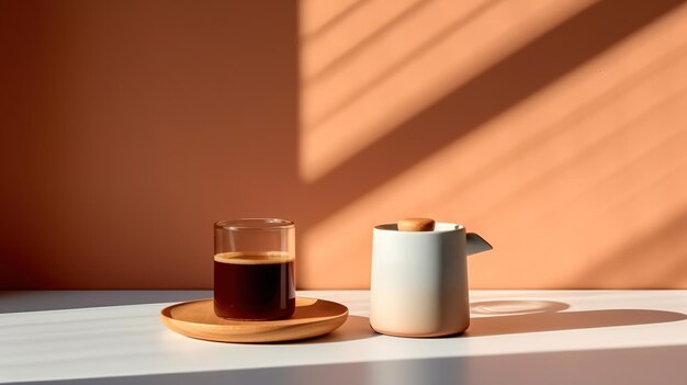 Una scena minimalista con una tazza di caffè in ceramica e una pressa francese con l'attenzione sul processo di birra Generative AI