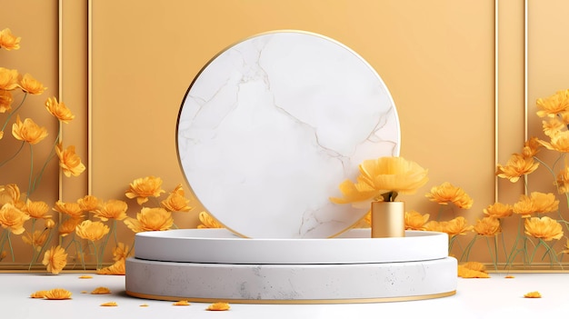 Una scena minimalista di esposizione sul podio bianco e oro con fiore di marigold naturale