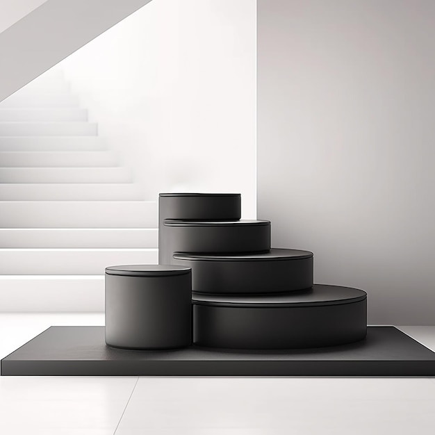 Una scena minimalista di un podio nero con uno sfondo astratto