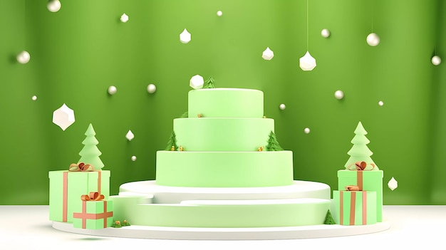 Una scena minimalista di un podio verde per Natale con un aspetto moderno e semplice