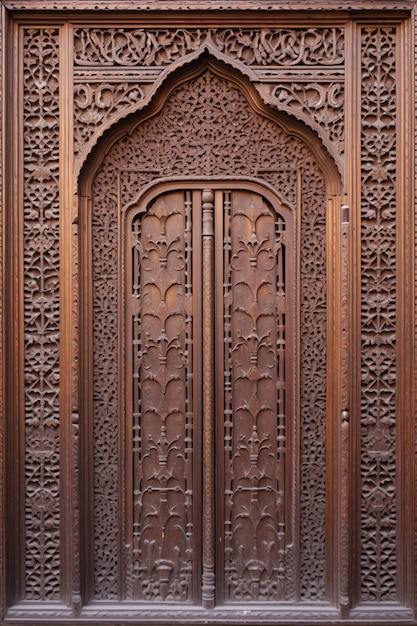 una scena minimalista di un singolo pannello di porta in legno intricatamente scolpito da un tradizionale ha pakistano