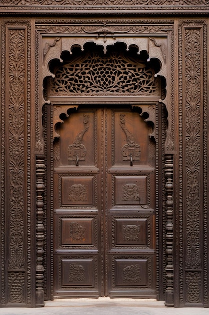 una scena minimalista di un singolo pannello di porta in legno intricatamente scolpito da un tradizionale ha pakistano