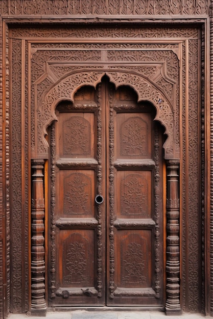 una scena minimalista di un singolo pannello di porta in legno intricatamente scolpito da un tradizionale ha pakistano