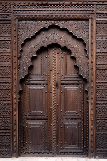 una scena minimalista di un singolo pannello di porta in legno intricatamente scolpito da un tradizionale ha pakistano