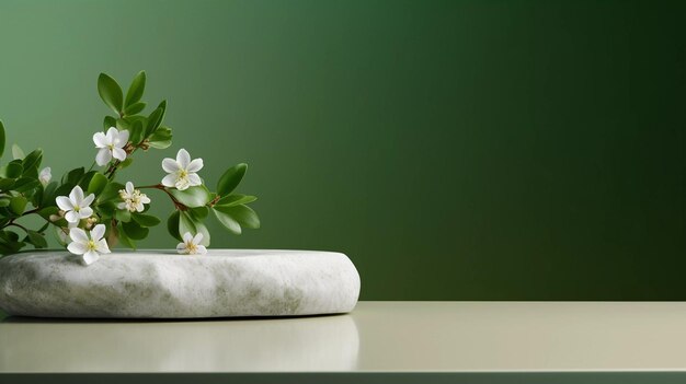 Una scena minimalista di una pietra giacente con fiori di gelsomino bianco su sfondo verde vetrina per t