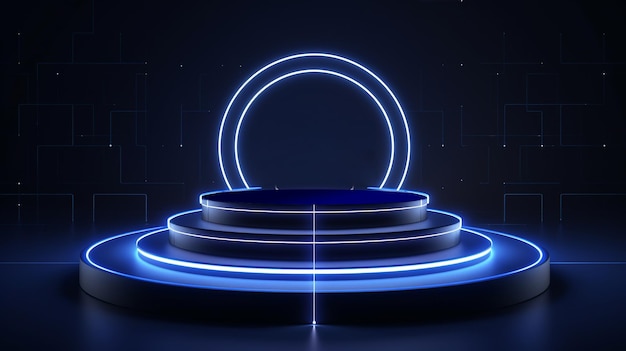 Una scena minimalista di visualizzazione della tecnologia del podio geometrico con colore blu scuro