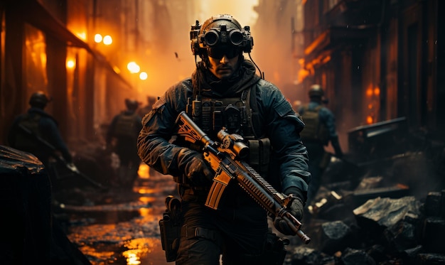 Una scena mozzafiato si svolge durante la tempesta delle forze speciali un uomo con una maschera antigas con un fucile in mano