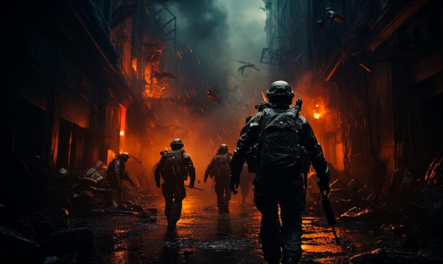 Una scena mozzafiato si svolge una tempesta di forze speciali un gruppo di persone che camminano lungo un vicolo buio