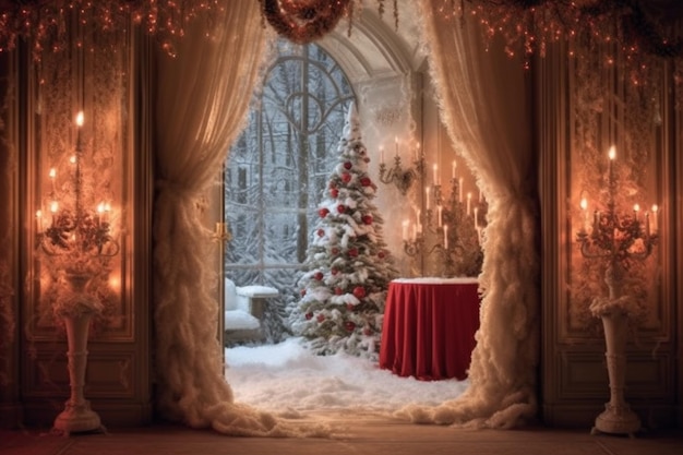 Una scena natalizia con un albero e una candela nella finestra