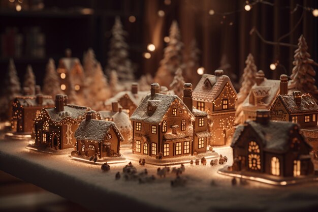 Una scena natalizia con un villaggio e luci natalizie