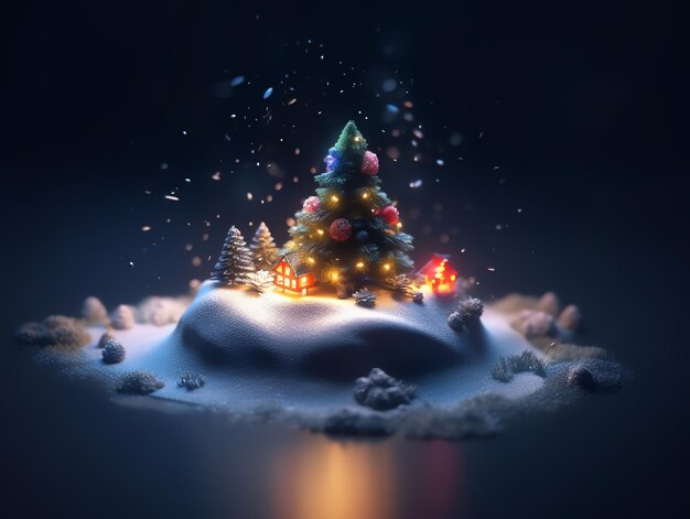 Una scena natalizia con una casetta e un albero di Natale su un'isola innevata