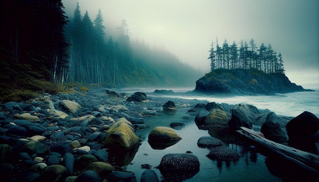 Una scena nebbiosa con una costa rocciosa e alberi sulla riva.