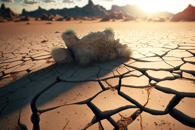 Una scena nel deserto con un cactus a terra.