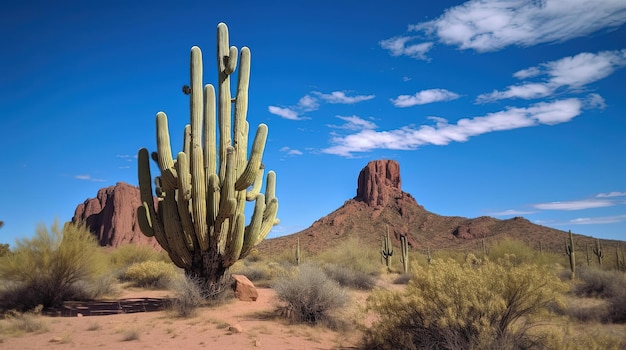 Una scena nel deserto con un cactus e montagne sullo sfondo.