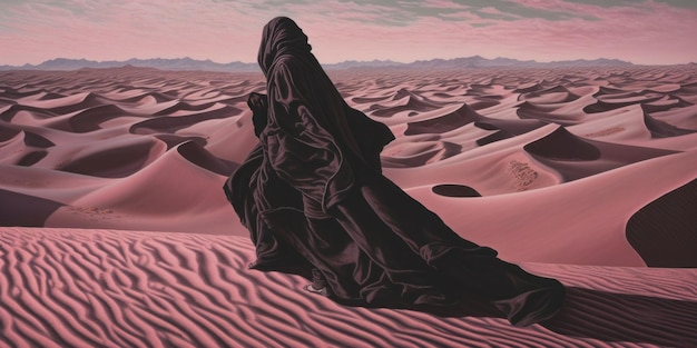 Una scena nel deserto con una donna con un velo nero.