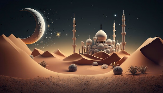 Una scena nel deserto con una moschea e un pianeta sullo sfondo.