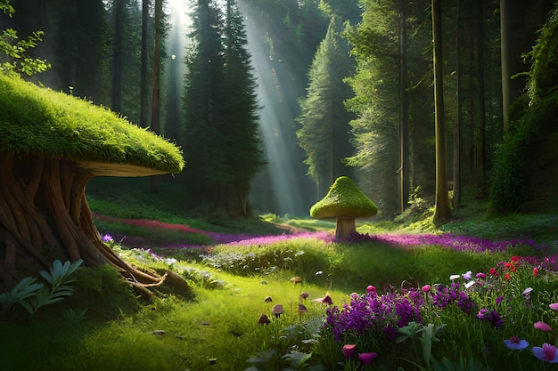 Una scena nella foresta con un fungo e un raggio di sole