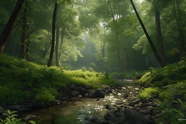 Una scena nella foresta con un ruscello e alberi Generative Ai